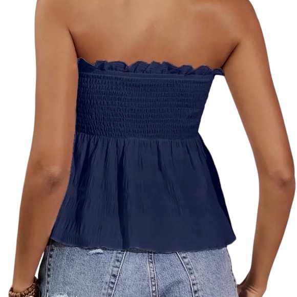 Navy Blue Strapless Ruffle Top - Picture 3 of 5